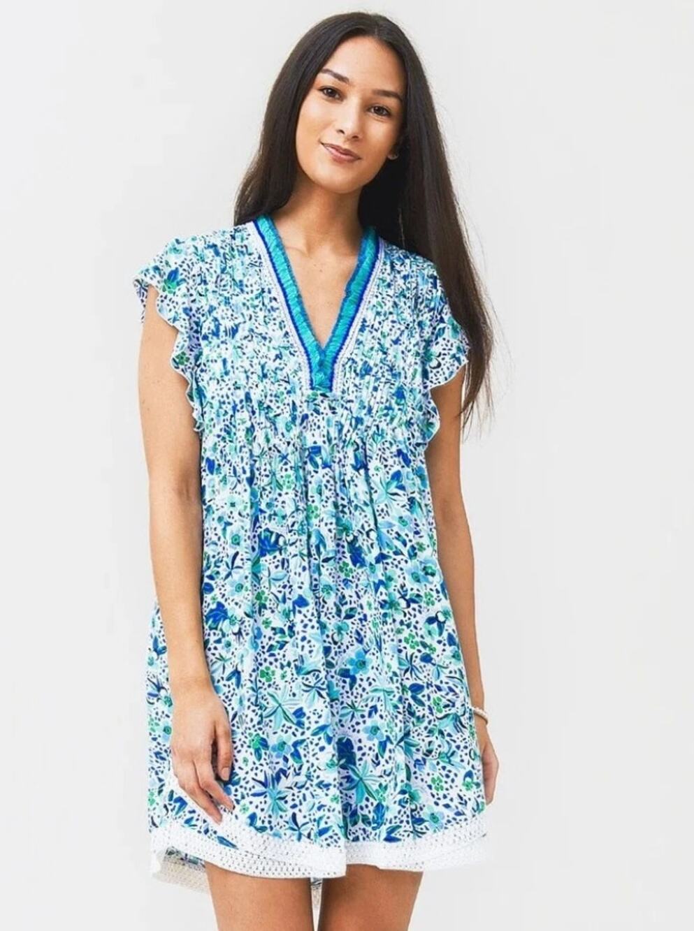 Poupette St Barth Sasha Mini Dress Womens XS Floral Lace Trim Resort Vacation